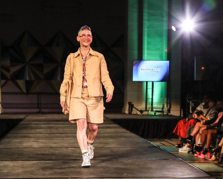 A model wears an outfit from KEITH KELLY at the dapperQ fashion show during New York Fashion Week