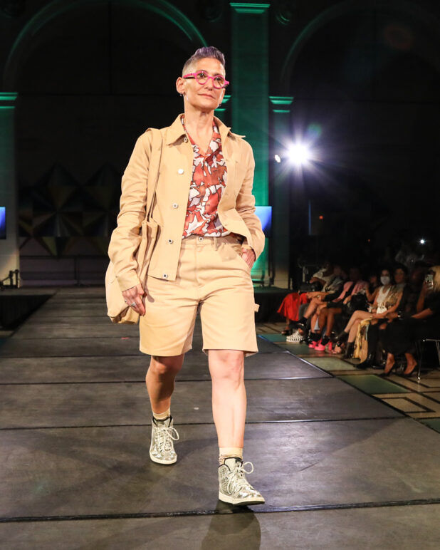 A model wears an outfit from KEITH KELLY at the dapperQ fashion show during New York Fashion Week