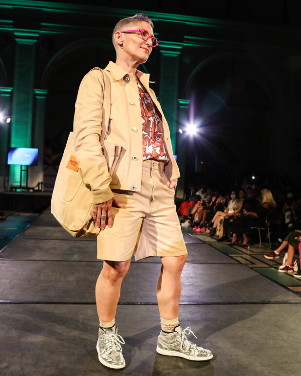 A model wears an outfit from KEITH KELLY at the dapperQ fashion show during New York Fashion Week