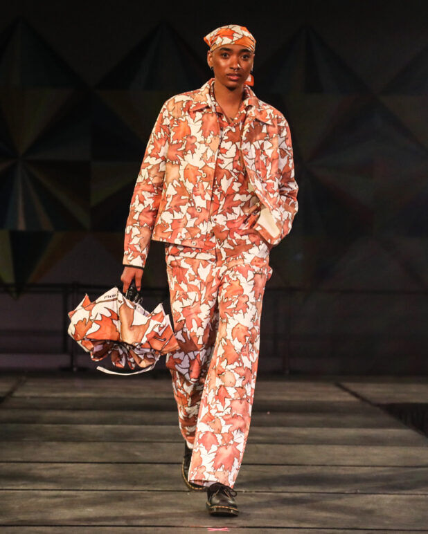 A model wears an outfit from KEITH KELLY at the dapperQ fashion show during New York Fashion Week