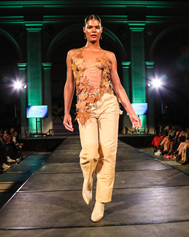 A model wears an outfit from KEITH KELLY at the dapperQ fashion show during New York Fashion Week