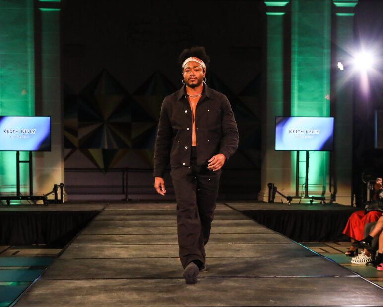 A model wears an outfit from KEITH KELLY at the dapperQ fashion show during New York Fashion Week