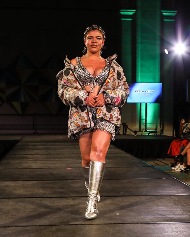 A model wears an outfit from KEITH KELLY at the dapperQ fashion show during New York Fashion Week