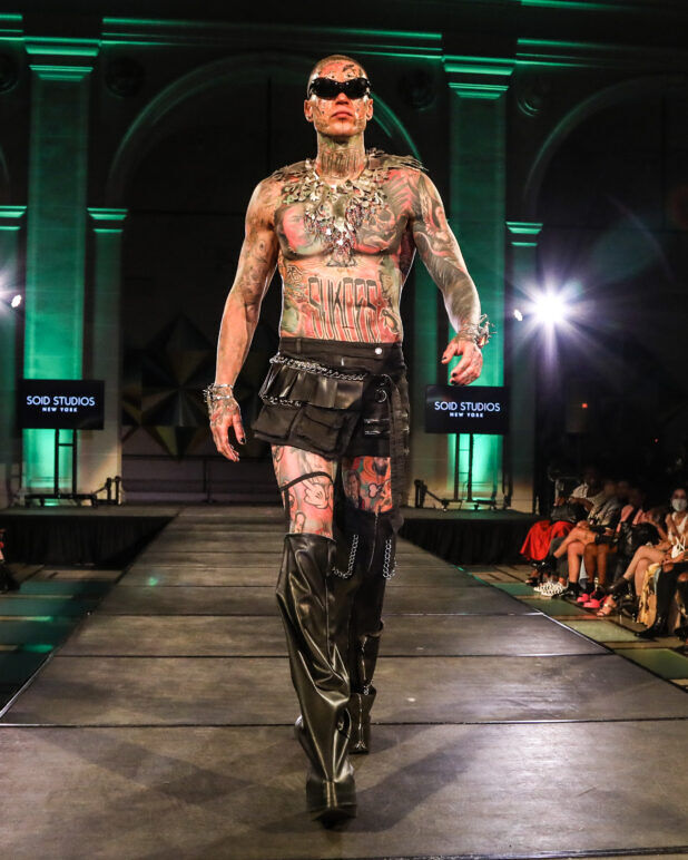 A model wears an outfit from Soid Studios at the dapperQ fashion show during New York Fashion Week