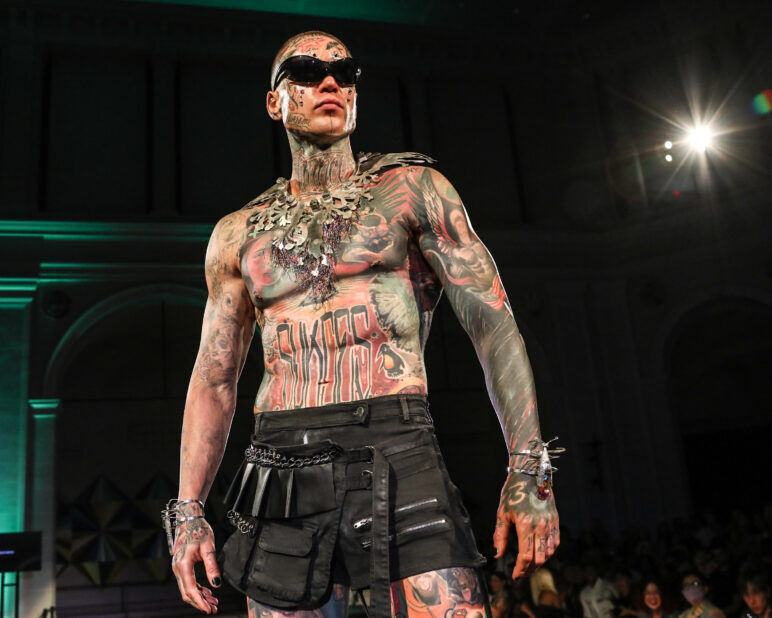 A model wears an outfit from Soid Studios at the dapperQ fashion show during New York Fashion Week