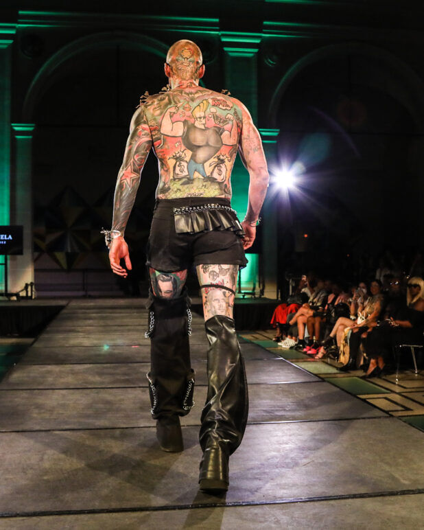 A model wears an outfit from Soid Studios at the dapperQ fashion show during New York Fashion Week