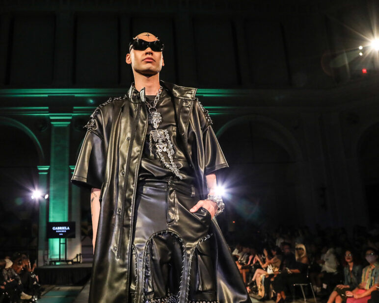 A model wears an outfit from Soid Studios at the dapperQ fashion show during New York Fashion Week