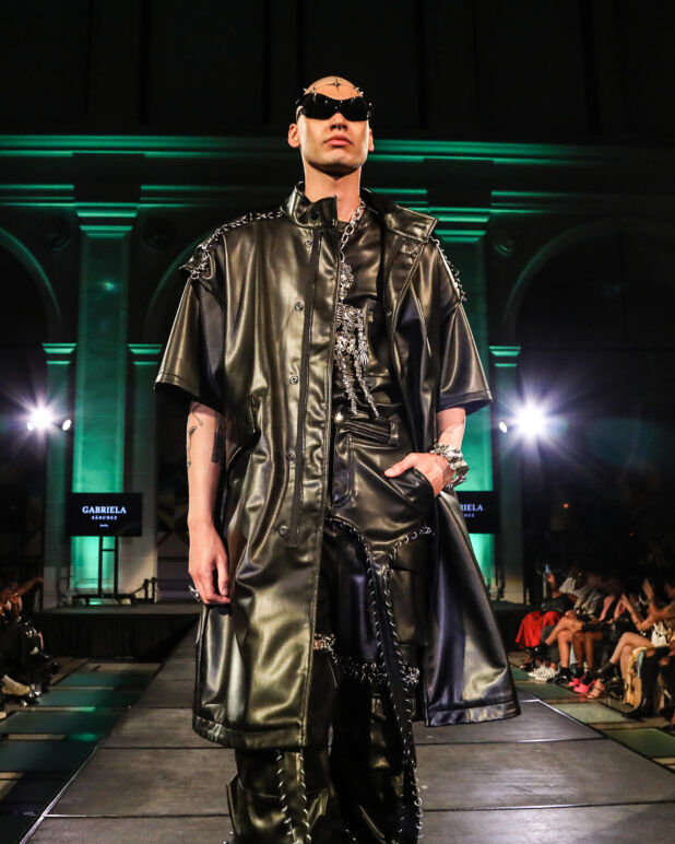 A model wears an outfit from Soid Studios at the dapperQ fashion show during New York Fashion Week