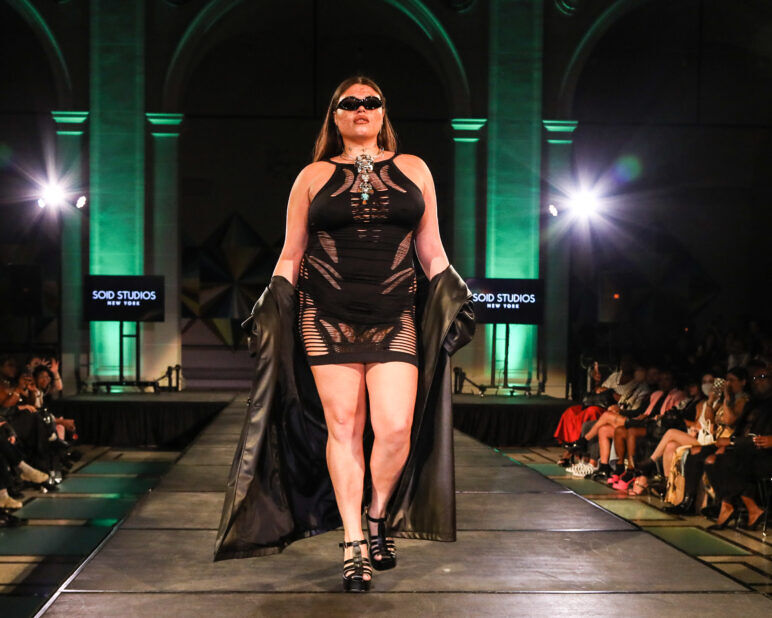 A model wears an outfit from Soid Studios at the dapperQ fashion show during New York Fashion Week