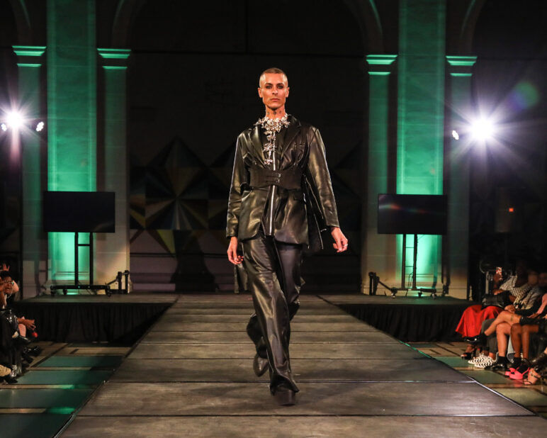 A model wears an outfit from Soid Studios at the dapperQ fashion show during New York Fashion Week