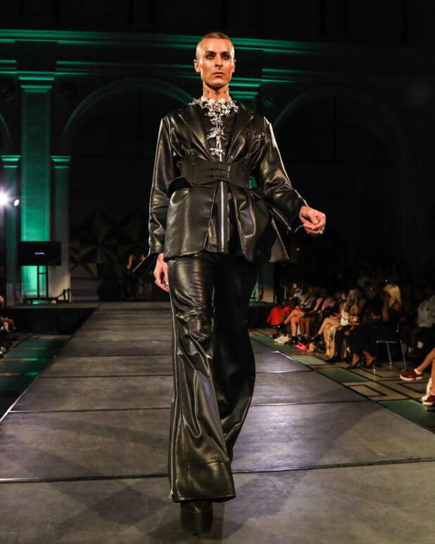A model wears an outfit from Soid Studios at the dapperQ fashion show during New York Fashion Week