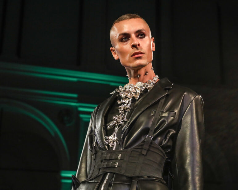 A model wears an outfit from Soid Studios at the dapperQ fashion show during New York Fashion Week