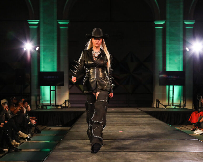 A model wears an outfit from Soid Studios at the dapperQ fashion show during New York Fashion Week