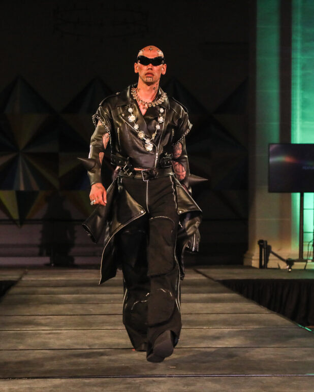 A model wears an outfit from Soid Studios at the dapperQ fashion show during New York Fashion Week
