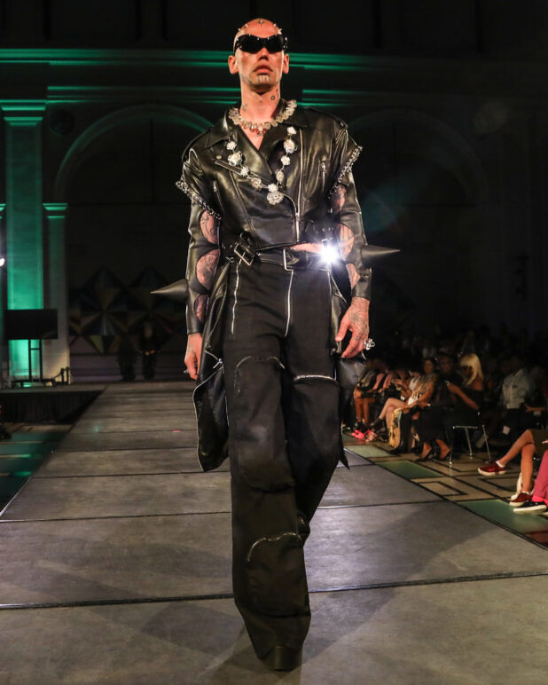 A model wears an outfit from Soid Studios at the dapperQ fashion show during New York Fashion Week