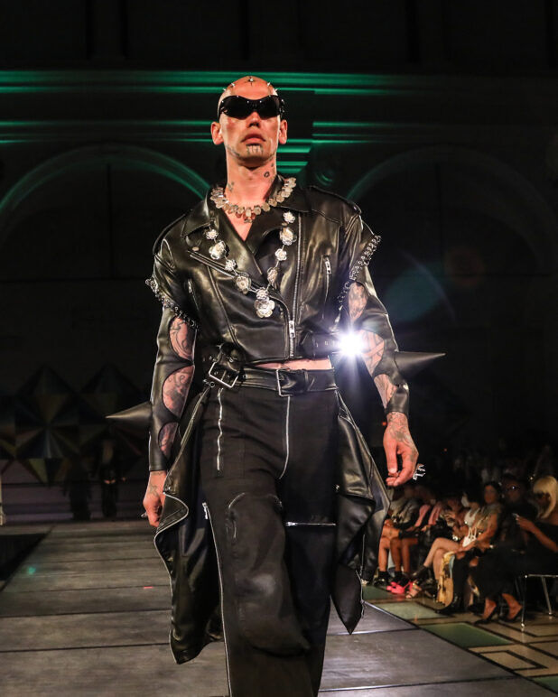 A model wears an outfit from Soid Studios at the dapperQ fashion show during New York Fashion Week