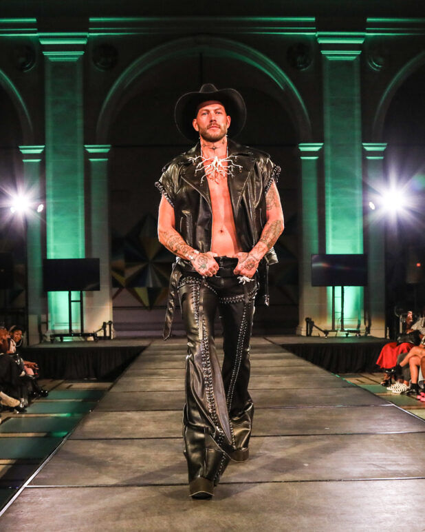 A model wears an outfit from Soid Studios at the dapperQ fashion show during New York Fashion Week