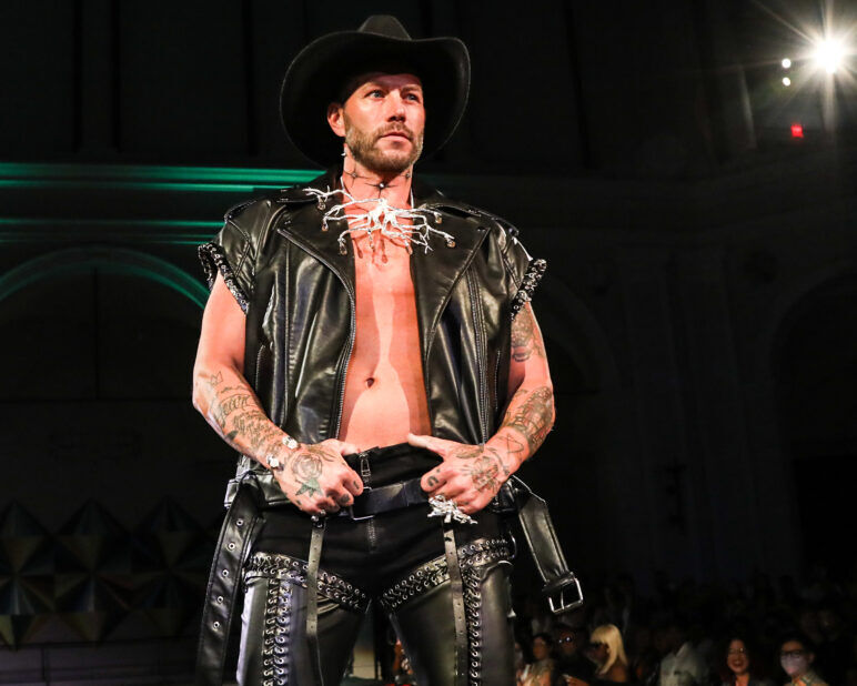 A model wears an outfit from Soid Studios at the dapperQ fashion show during New York Fashion Week