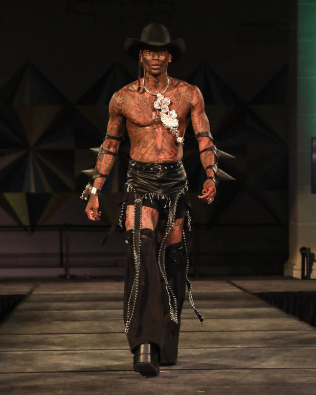 A model wears an outfit from Soid Studios at the dapperQ fashion show during New York Fashion Week
