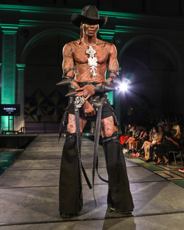 A model wears an outfit from Soid Studios at the dapperQ fashion show during New York Fashion Week