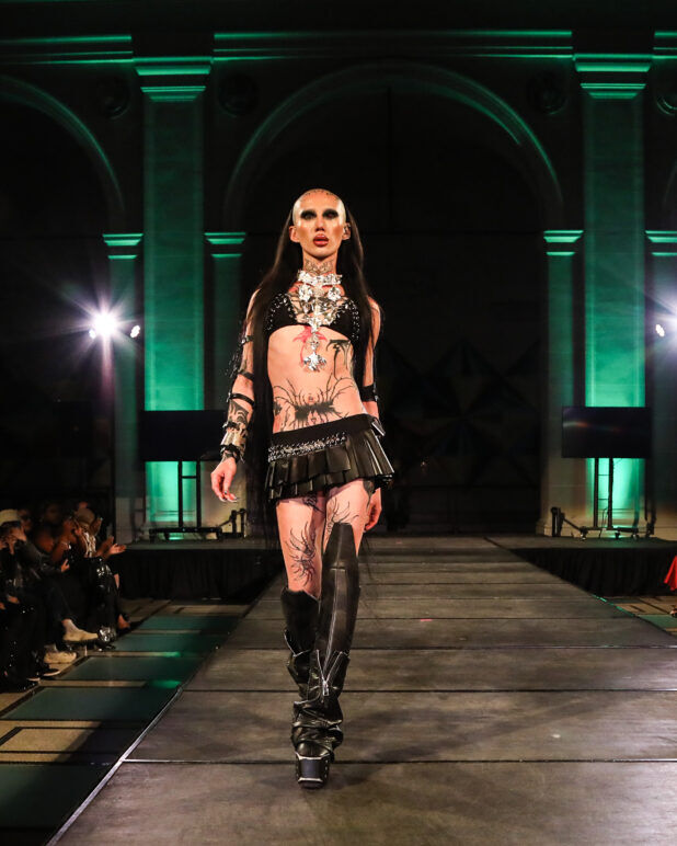 A model wears an outfit from Soid Studios at the dapperQ fashion show during New York Fashion Week
