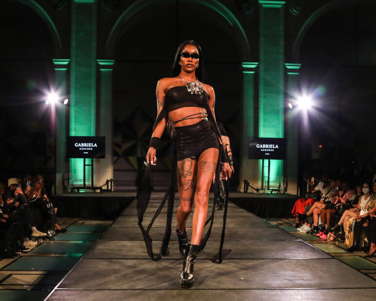 A model wears an outfit from Soid Studios at the dapperQ fashion show during New York Fashion Week