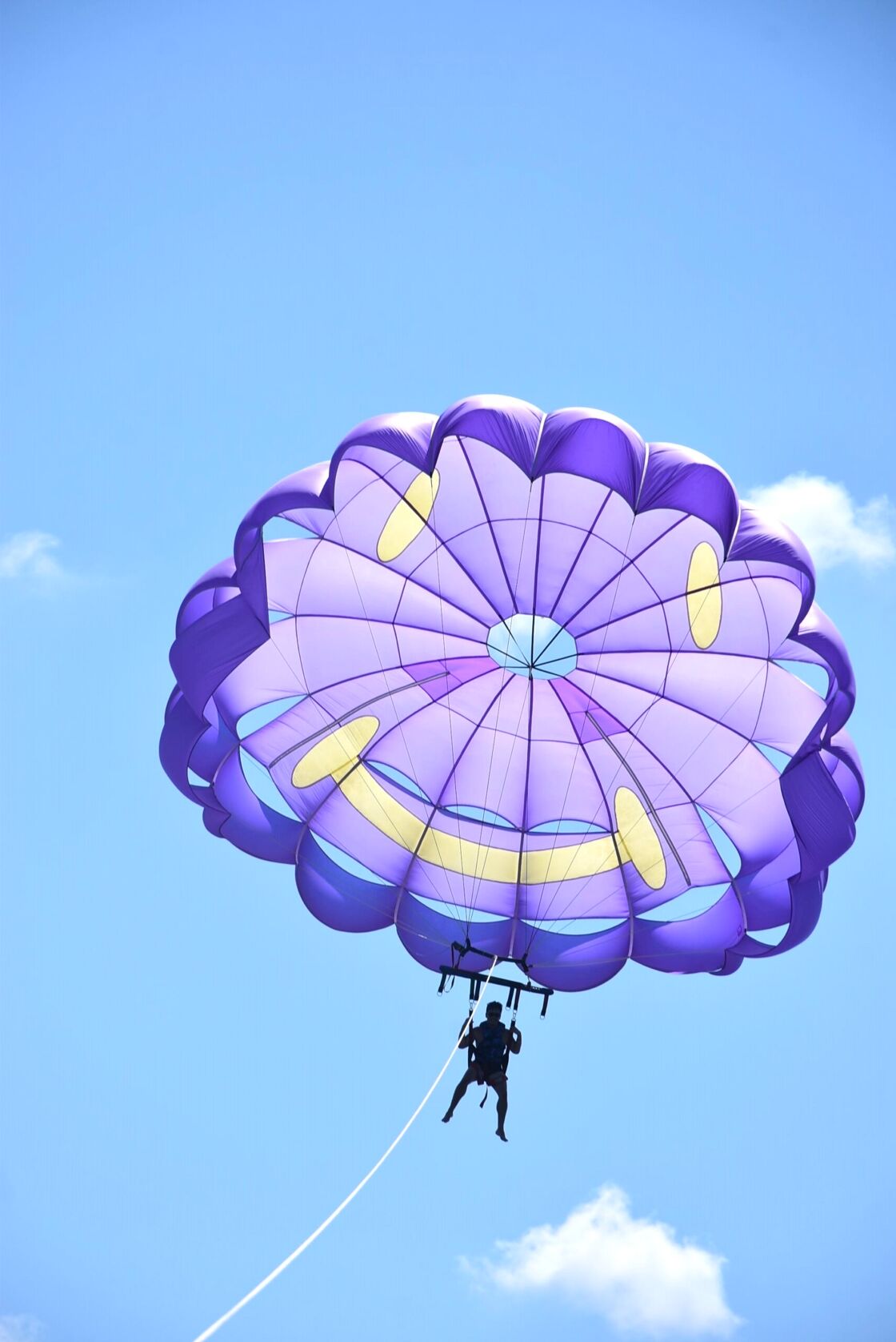 Author parasailing Panama City Beach with a purple, parachute-like canopy.