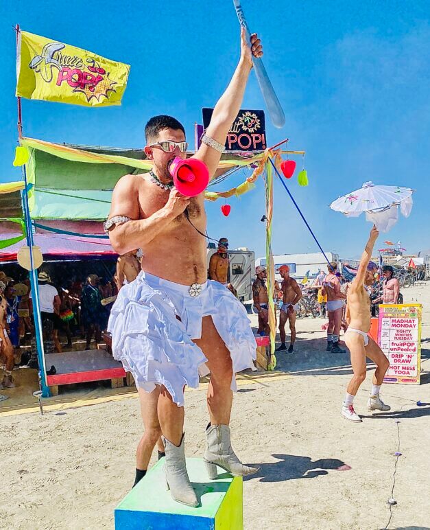 Camp Fruit Pop's most popular event of the week is their annual Tightywhities Tuesday party. This camp member is honoring both of the day's themes with his tutu comprised of white briefs.