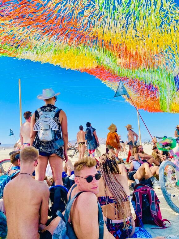Another popular installation was Sky Gazing, a prismatic canopy of ribbons from Patrick Shearn of Poetic Kinetics Studios. Located in Deep Playa, it serves as a colorful oasis of shade to enjoy a picnic or take a break from an afternoon of biking.