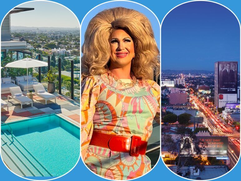 A composite image of West Hollywood, including the Pendry Hotel rooftop pool, drag laureate Pickle, and the Sunset Strip.