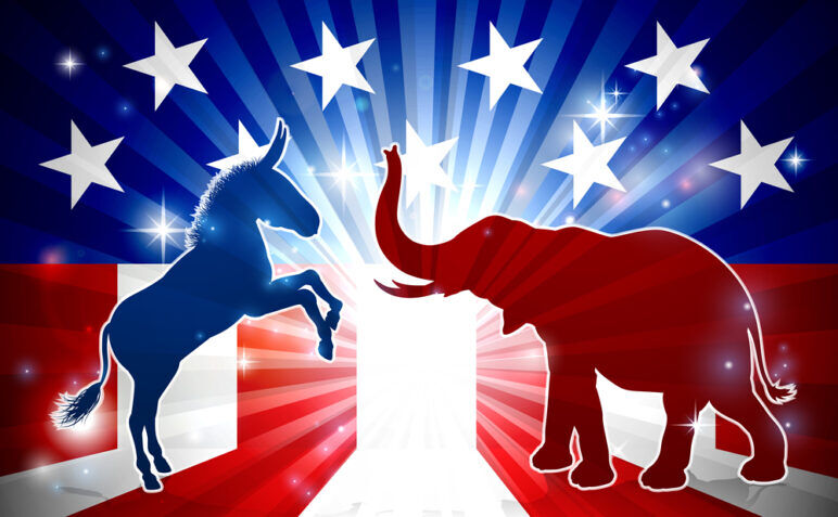 An elephant and donkey in silhouette facing off with an American flag in the background