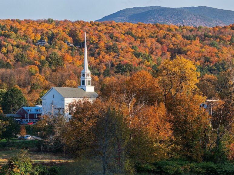 The town of Stowe, VT in the fall