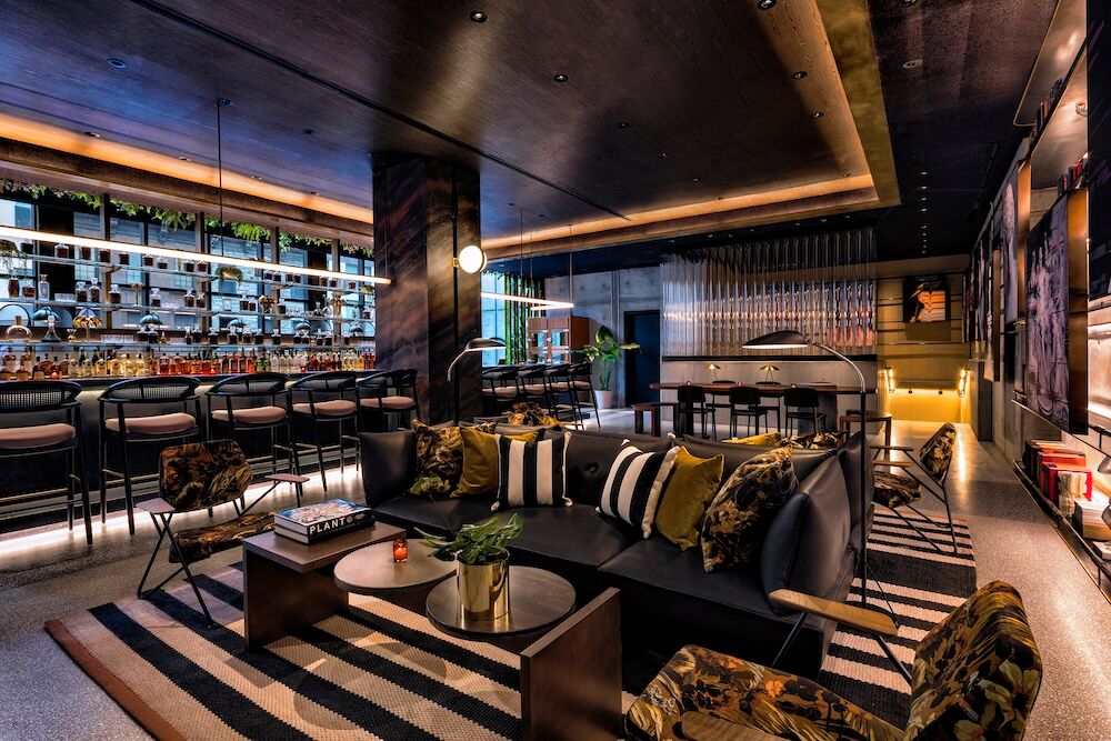 The second floor lobby bar at Moxy Chelsea.