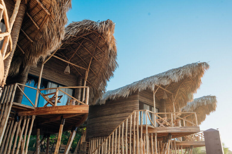 Four treehouses overlooking the ocean.