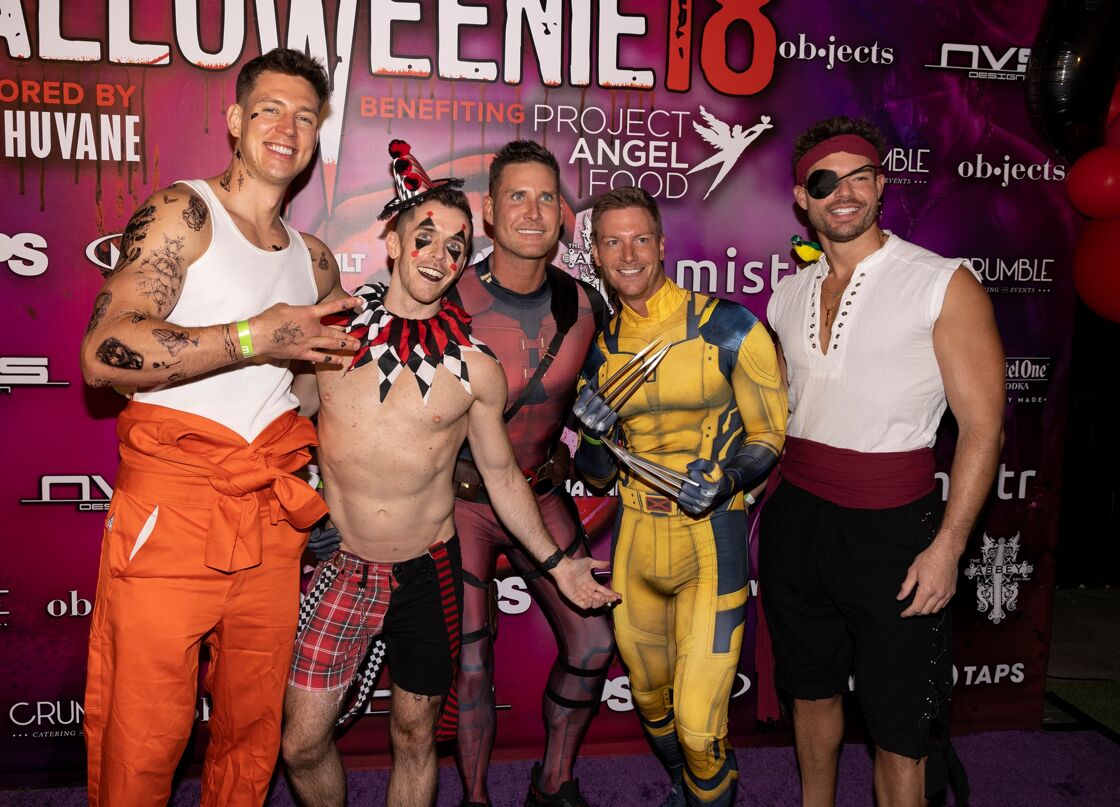 Gay men in fireman , power rangers, pirate, jester outfits