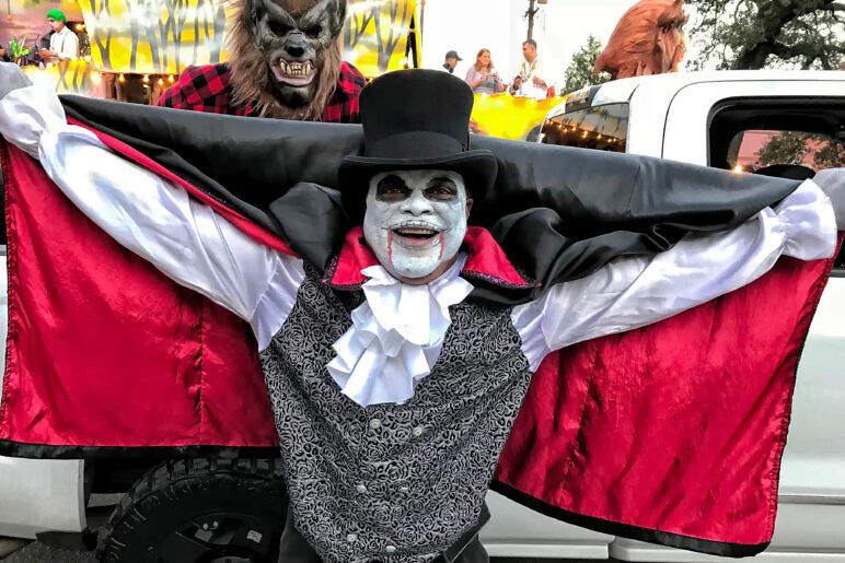 New Orleans, LA/USA – October 21, 2017 Dracula and Wolfman at the annual Krewe of Boo Parade.