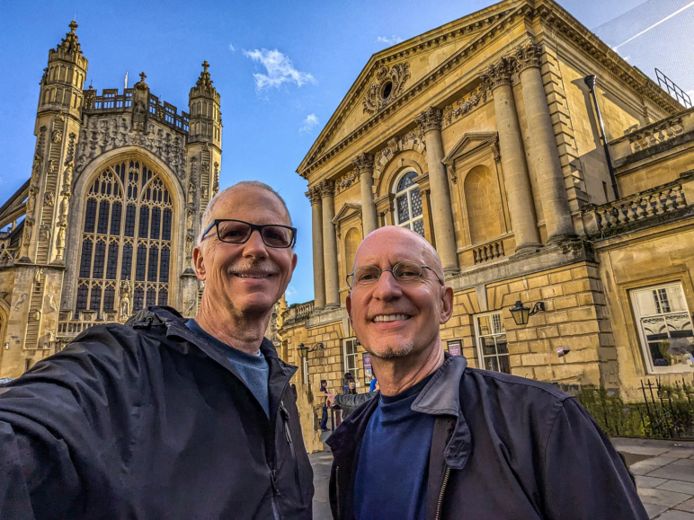 Bath’s famous Abbey, left, and Roman Baths, right.