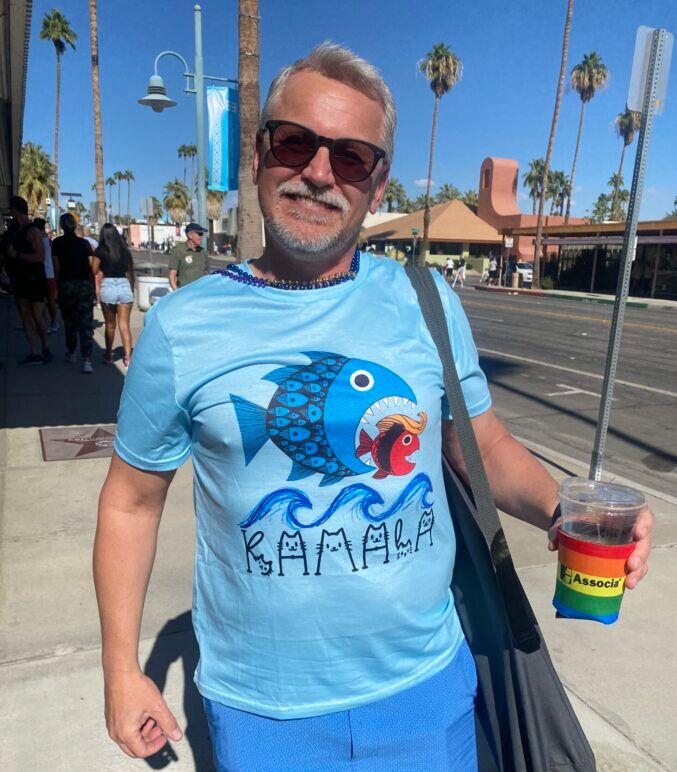 Kamala fish shirt at Palm Springs Pride
