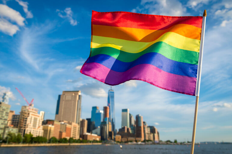 A rainbow flag being waved in front of the New York skyline. 