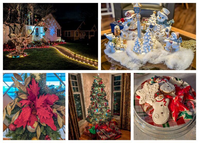 Assortment of photos showing Christmas decorations and cookies