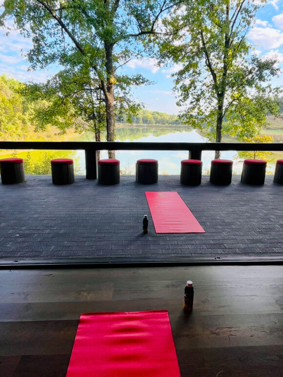 Yoga mats on the patio of Makers Mark Distillary