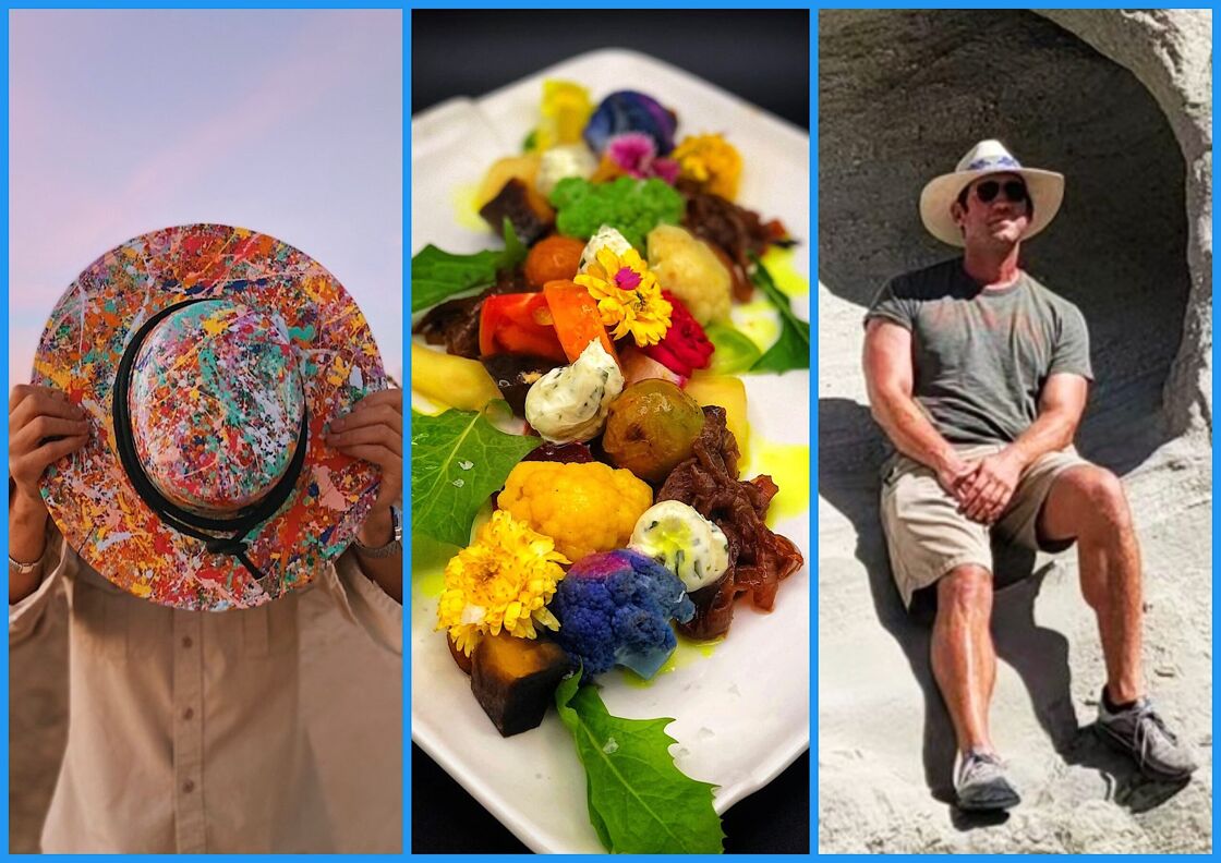 A collage featuring Palm Springs businesses: SUPERBLOOM, PS Underground, and Red Jeep Tours.