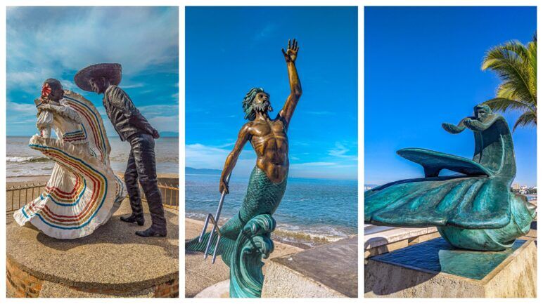 Three statues along the Puerto Vallarta boardwalk