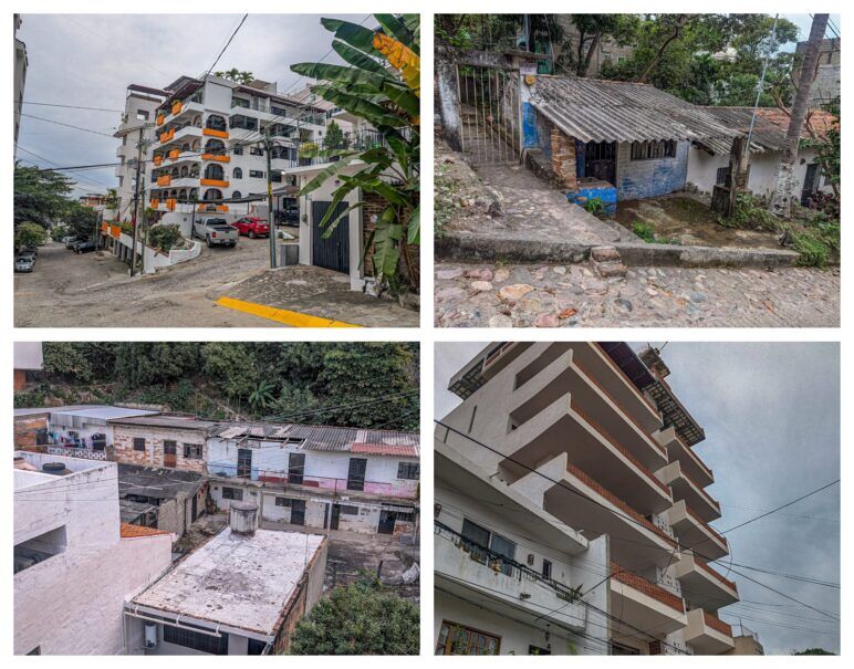 Two photos of luxury apartment buildings with two photos of nearby rundown houses