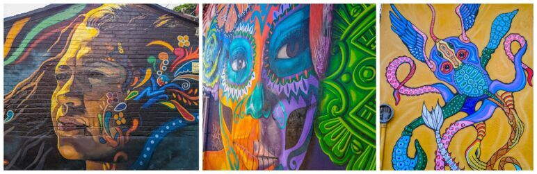 Three closeup views from murals in Puerto Vallarta