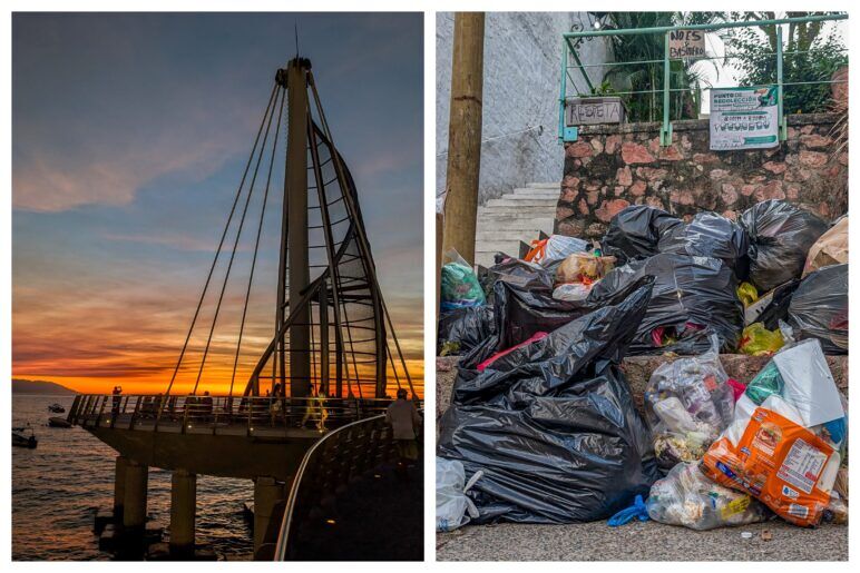 A photo with a monument on the Puerto Vallarta beach next to a photo of piles of trash laying on the street.