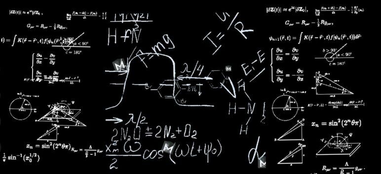 A graphic showing mathematical equations on a chalkboard