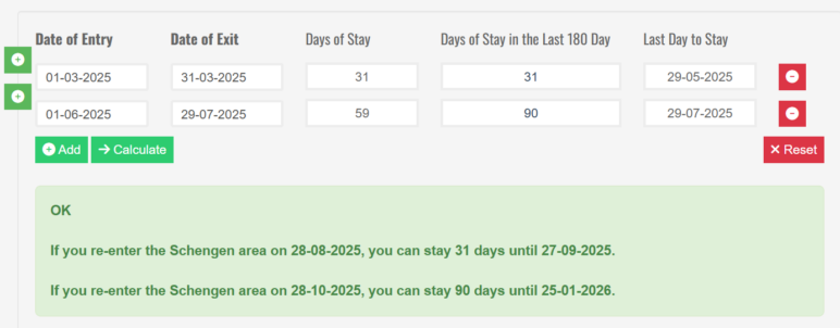 Screenshot of a calculator used to decipher how long you have been in the Schengen Area and when you can return