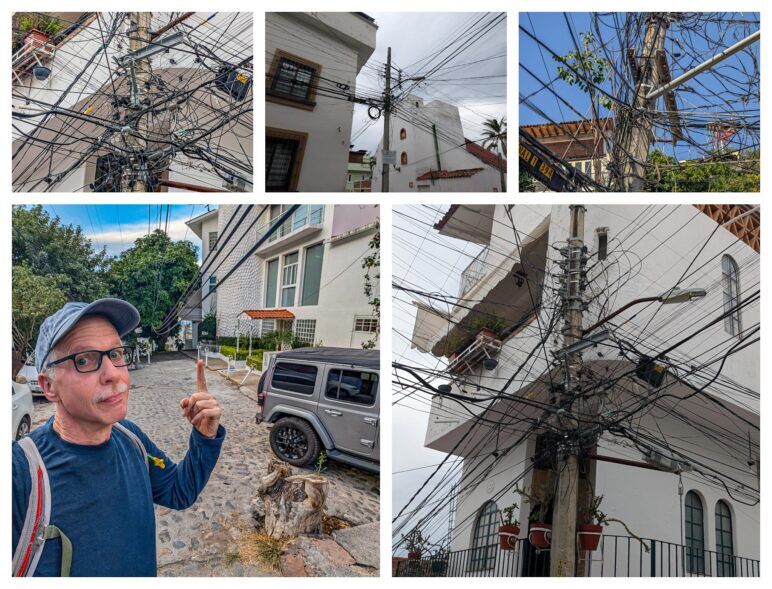 Five photos of cables hanging from telephone poles and looped on the ground