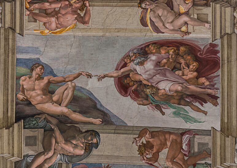 A painting frescoe called "The Creation of Adam" by Michelangelo